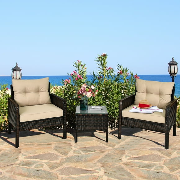 Gymax 3PCS Patio Outdoor Rattan Furniture Set w/ Cushioned Chairs Coffee Table