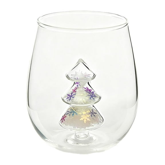 SharkTRUE Christmas Glasses Drinkware,Crystal Stemless Wine Glass,3D Wine Glass Cup with Christmas Tree,Xmas Tree Figures Inside Glitter for Unique Xmas Gifts and Decor
