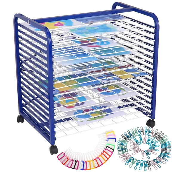 Kojooin Art Drying Rack 16 Removable Shelves, Mobile Paint Drying Rack with Four Lockable Wheels, Ideal for Schools and Art Studios,18" D x 26" W x 26" H