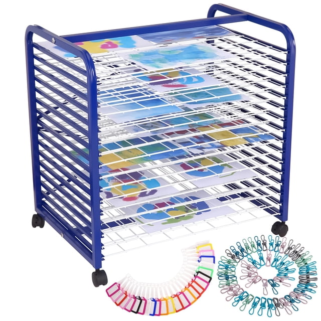 BeesClover Art Drying Rack, 16 Removable Shelves Mobile Paint Drying Rack with Lockable Castors, Canvas Rack Art Storage Ideal for Schools and Art Studios 18" D x 26" W x 26" H Blue