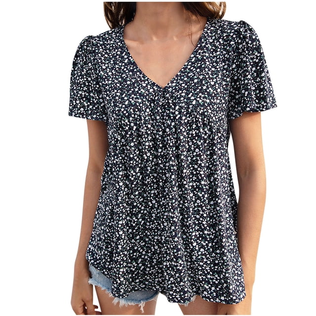 Blusas para Mujeres Casual, Impresión Floral Sólida de Gran Tamaño, Cuello de Manga Corta Blusa Superior