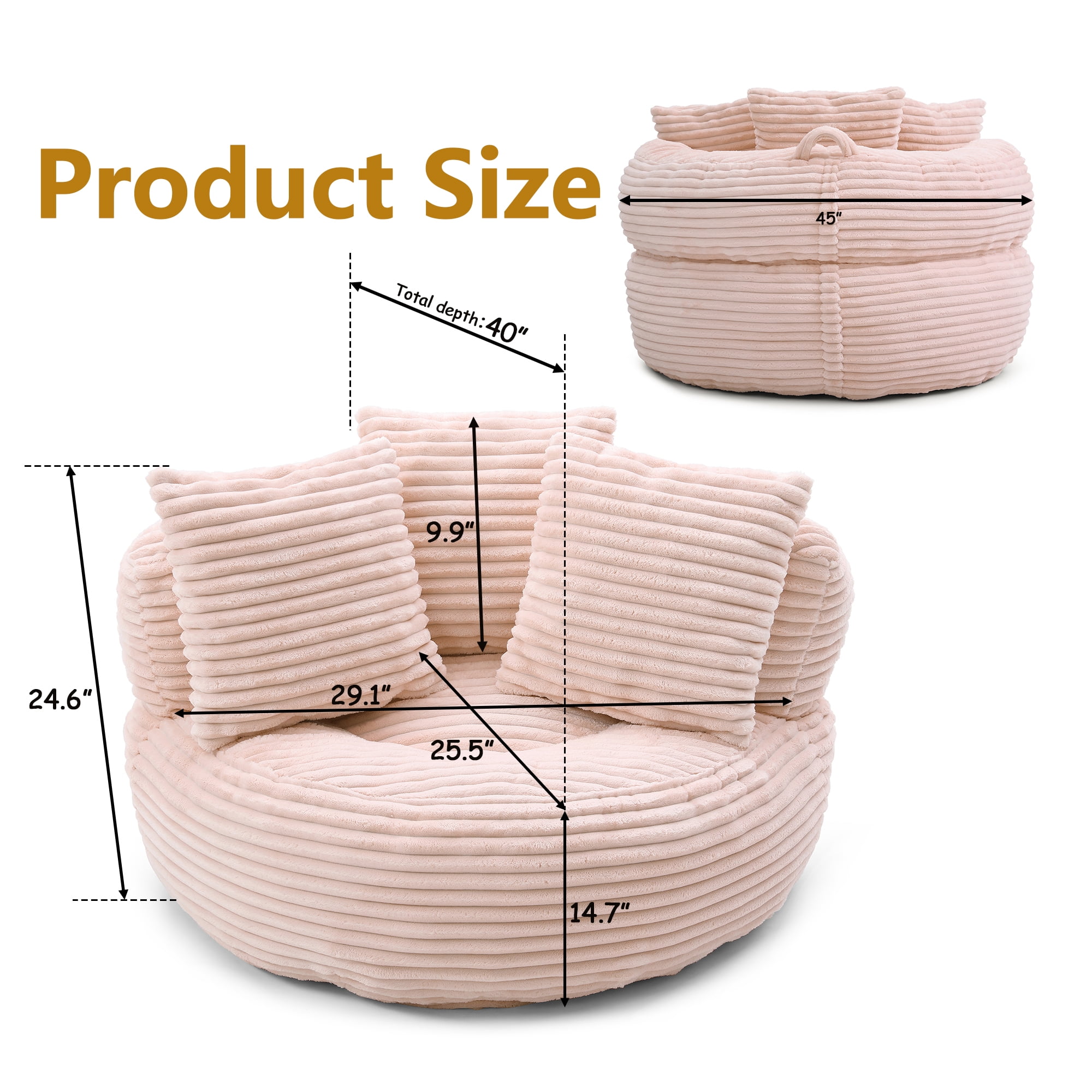 MDQMD 45"Oversized Bean Bag Chair Round with Armrests Corduroy Fabric 3 Pillows Comfy Lazy Sofa for Adults Giant Bean Bag Chair for Living Room Bedroom Gaming Reading Nook Pink