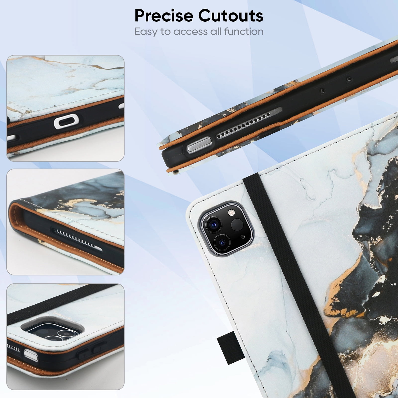 For iPad 6th 5th Gen Case/ iPad Air 1 2 Case, Auto Sleep Wake Kickstand Elastic Band Pencil Holder Front Pocket Business Case for Apple iPad 9.7" 2018/2017/ iPad Air 1 2 9.7", Black Marble
