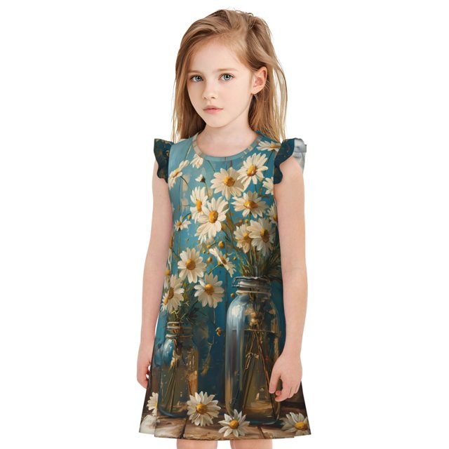 Balery Delicate White Daisy Jars Camisón de princesa para niñas, pijama de algodón con mangas abullonadas, suave y bonito.-Small