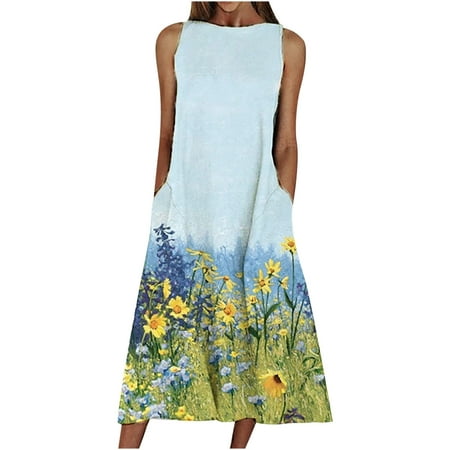 

Long Sleeve Dress for Women Summer Dress Fashion Women Summer Casual Print Pocket Sleeveless Loose Fit Long Dress Summer Savings Clearance 2022 Casual Dresses for Women Corset Dress Blue XL