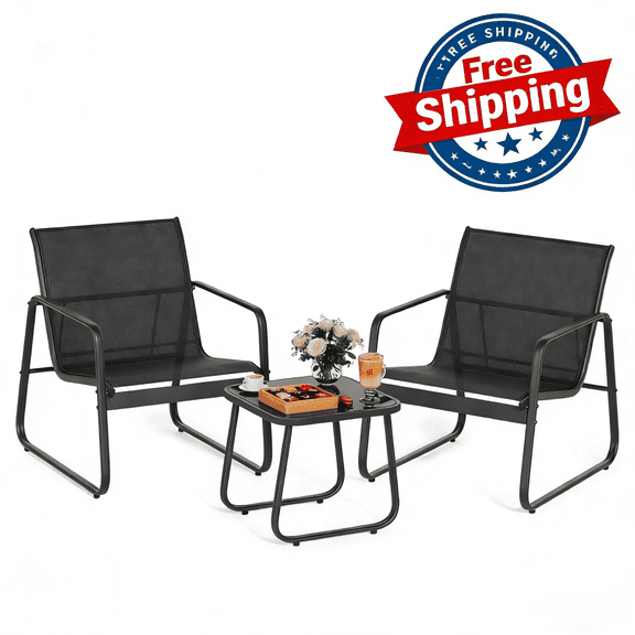 Lofka 3 Pieces Patio Chairs Set with Glass-Top Coffee Table, Outdoor Bistro and Patio Furniture Set for Porch|Backyard|Balcony, Black