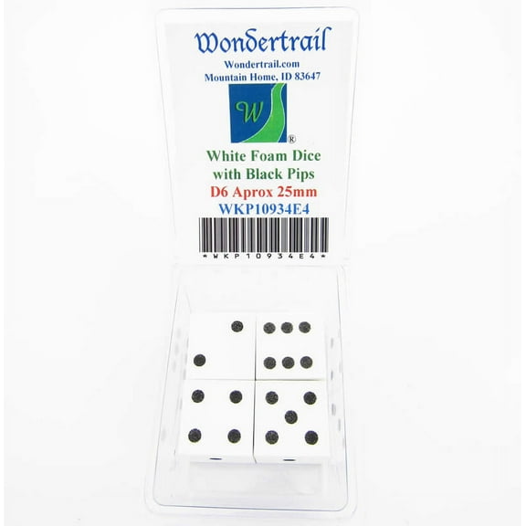White Foam Dice with Black Dots D6 25mm (1in) Pack of 4 Wondertrail