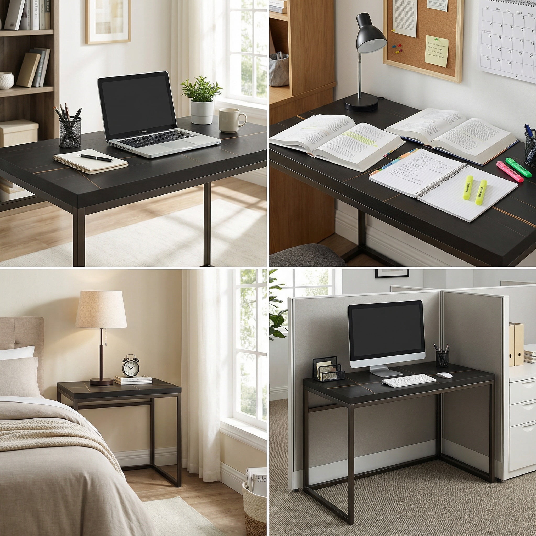 Censi Black Marble Writing Computer Desk, 47 Inch Home Office Desk, Wood and Metal, Modern Industrial Style (Black Marble)