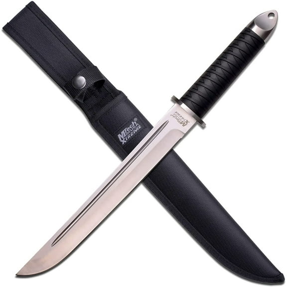 MTech Xtreme Fixed Blade Knife – Satin Stainless Steel w/ Blood Groove, Ergonomic Rubber Handle, Durable Nylon Sheath – Ideal for Hunting, Camping, Survival, EDC & Tactical Use