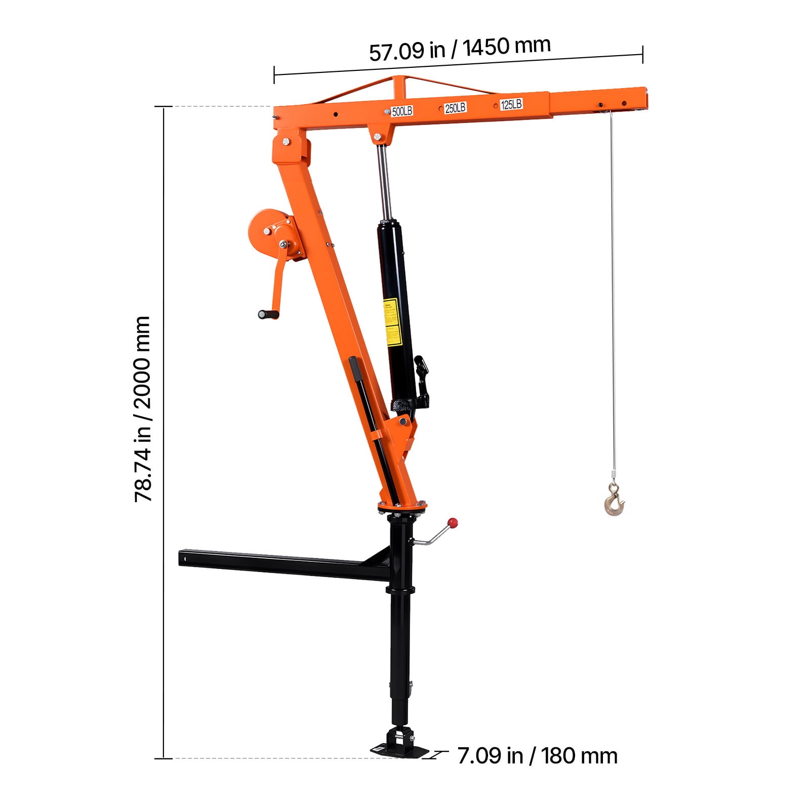 KFFKFF Truck Crane, 500 lbs Capacity, Hitch-Mounted with Manual Winch & Hydraulic Jack, 360° Rotating Telescopic Boom, Foldable Design for Lifting Machinery and Lumber
