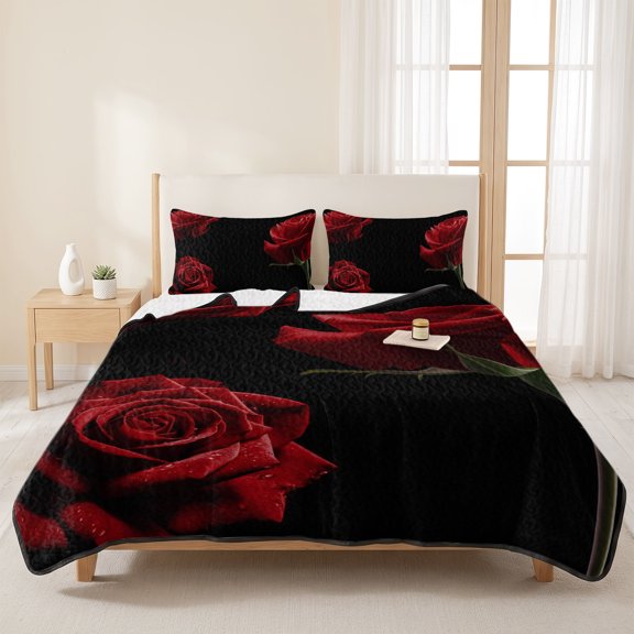 Queen Quilt Set, Red Rose Flower Still Life Lightweight Quilt Sets Summer Comforter Coverlets with 2 Pillow Shams, Black Breathable 3 Piece Bedding Set for All Seasons