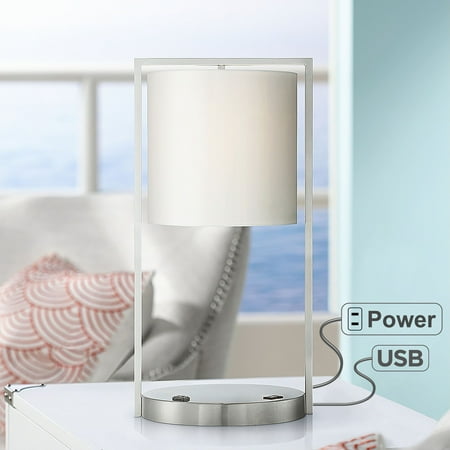 Modern Lamp Base 360 Lighting Modern Table Lamp with Hotel Style USB and AC Power Outlet in Base Silver White Drum Shade for Living Room Family Bedroom Office ()