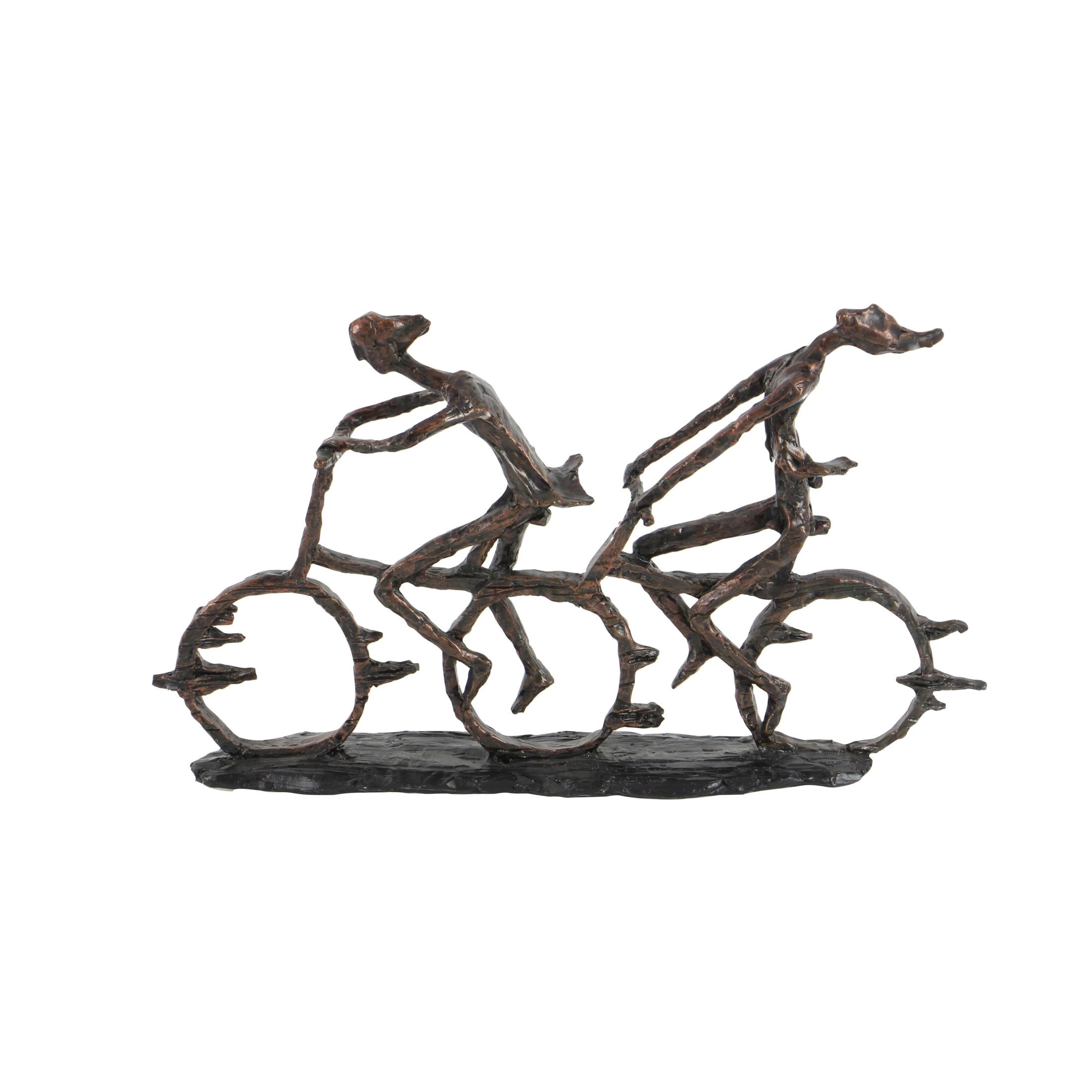 21" x 13" Bronze Polystone Bicycling People Sculpture with Copper Texturing, by DecMode