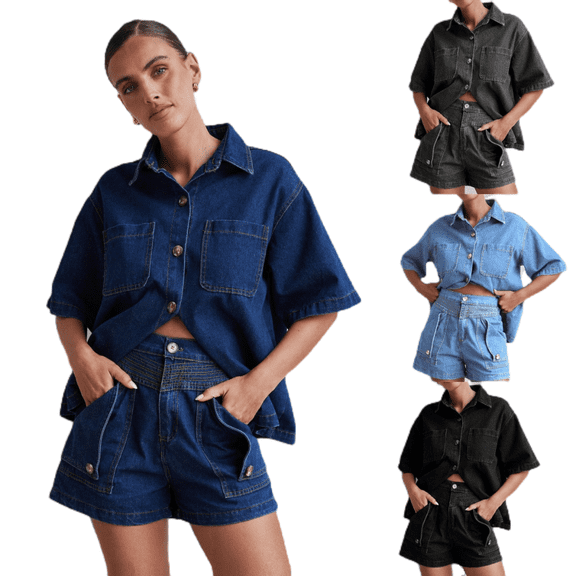LYMAYTER Women Denim Set Casual Short Sleeve Denim and Jeans Shorts Sets Summer Fashion 2-Piece Suit S-2XL