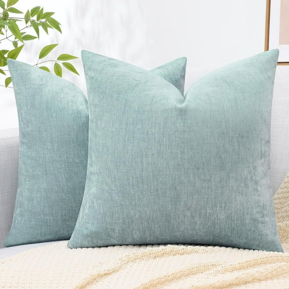 Ryan Couch Throw Pillow Covers 18x18 Set of 2, Decorative Soft Neutral Chenille Solid Dyed Square Pillow Covers for Sofa Bed Living Room, Aqua Haze