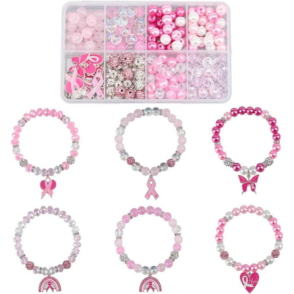 1 Box 6 Sets Pink Bracelet Making Kit Breast Cancer Awareness Bracelets Glass Beads Heart October Ribbon Charms for Jewelry Making Kits Supplies Handmade Women Beginners Adults Starter Mixed Color