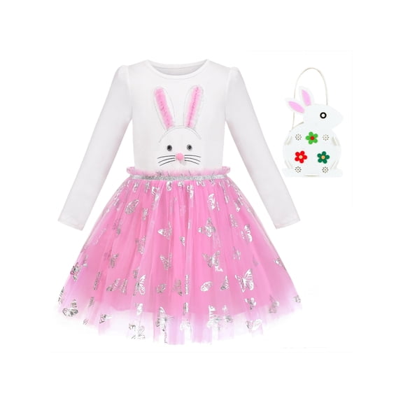 Girls Dress Easter Egg Hunting Bag Pink 3D Bunny Butterfly Easter 6 Years