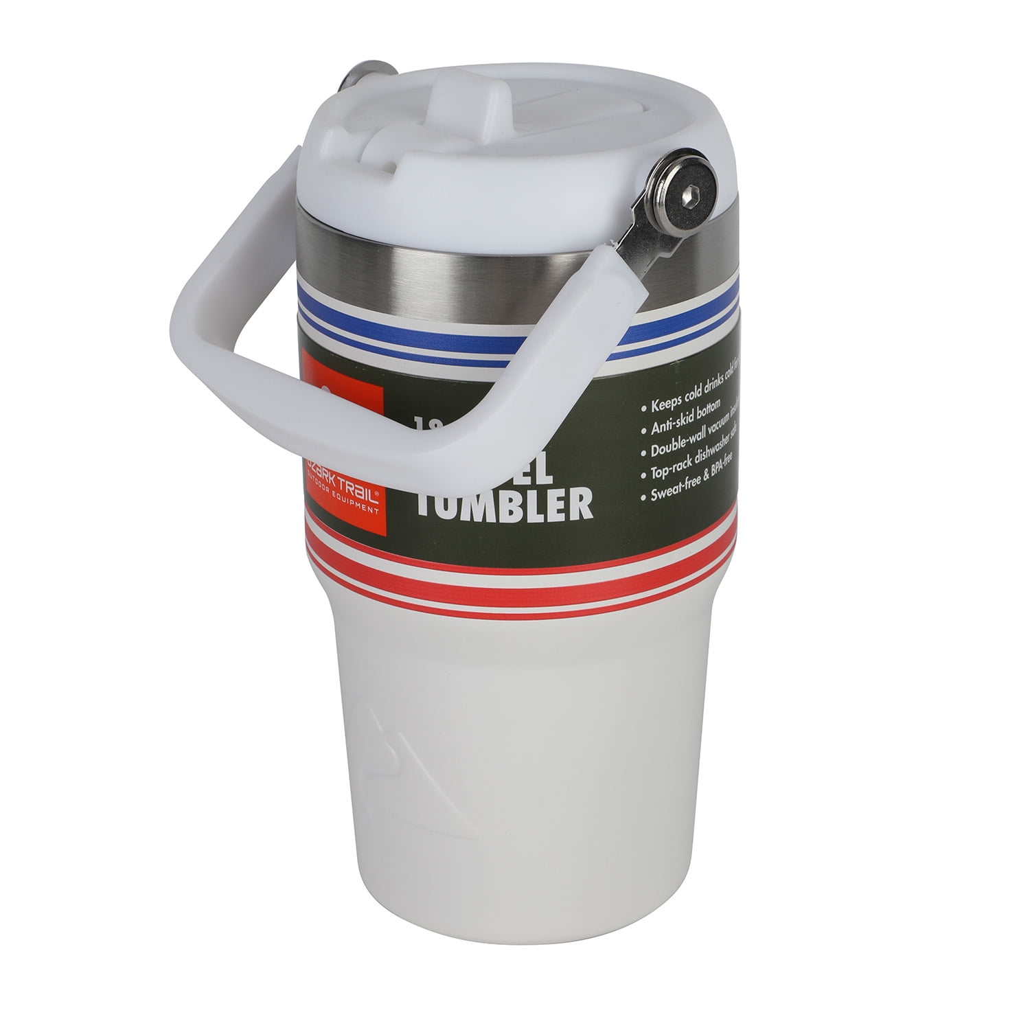 Ozark Trail 18 oz Stainless Steel Insulated Swivel Tumbler, White with Red and Blue Stripes