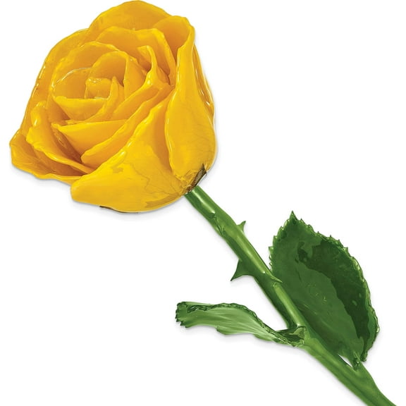 Fashion Lacquer Dipped Natural Yellow Rose With Green Leaves And Stem Made In Thailand gm13070