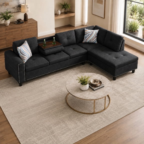 Momspeace 98" L-Shaped Sectional Sofa, Oversized 6 Seater Sofa with Cup Holder, Linen, Black