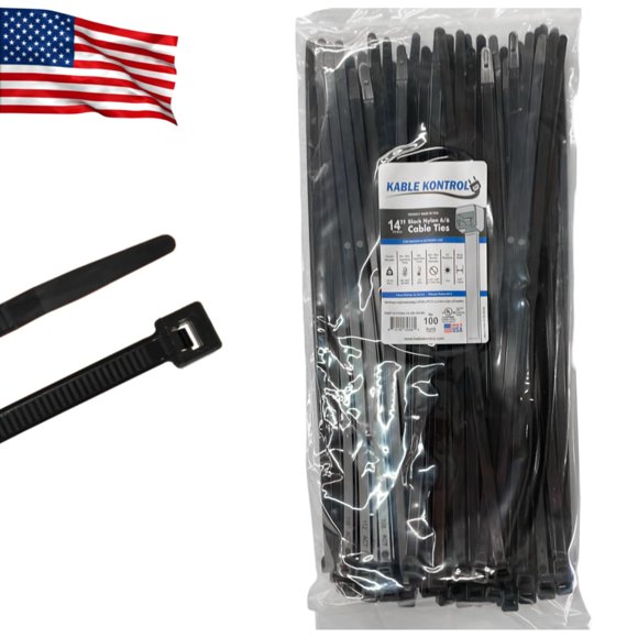 Kable Kontrol Made in USA Cable Zip Ties, 100 Pcs 14 Inch Black, 120 Lbs Tensile Strength, Self-locking UV Resistant Plastic Nylon Wire Ties, for Indoor or Outdoor Use
