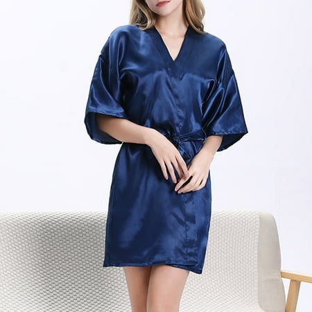 

〖TOTO〗Overcoats For Women V-Neck Long Sleeve Nightgown Satin Solid Color Bandage Nightgown Cardigan Bathrobe Home Nightgown