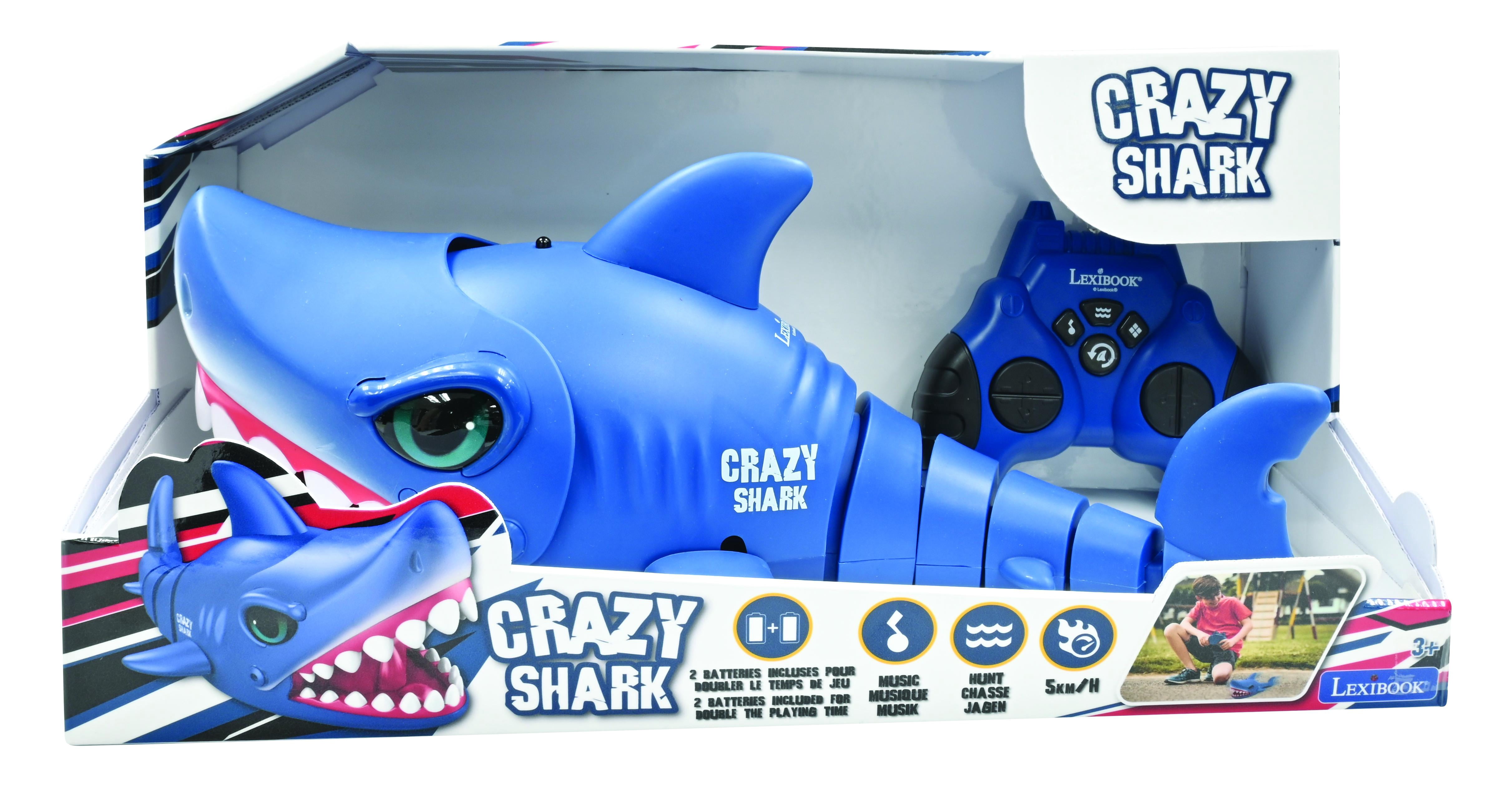 Lexibook - Crazy Shark - Remote Control Shark, Up to 5 Km/h (3mph), Automatic Hunt and Dance Modes, Programmable, Music Effects, Blue