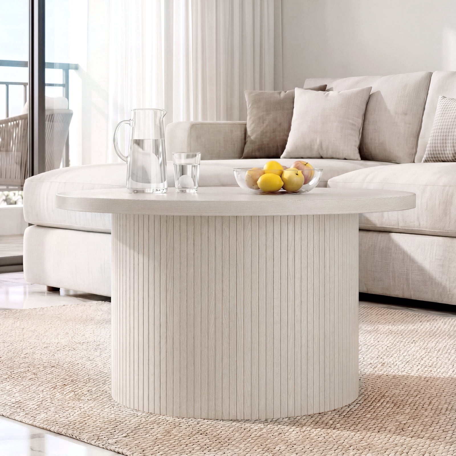 ROGALIS 31.5" Round Tambour Design Coffee Tables for Living Room, Mid Century Modern Wood Coffee Tablewith Spacious Tabletop, Art Deco Sturdy Circle Coffee Table,Natural White
