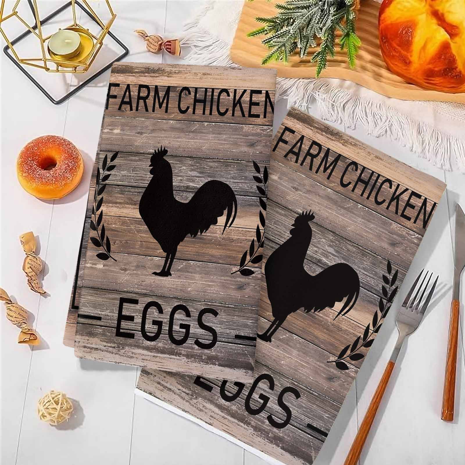 Dish Towels, Chicken Eggs Absorbent Kitchen Towels 2 PCS, Farmhouse Animal Brown Wood Grain Microfiber Hand Towels Dish Cloths Tea Towels for Home&nbsp;Bathroom Cleaning Drying,18X28-Inch,