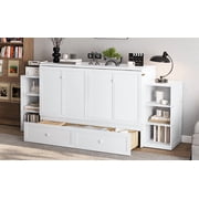 Mintazer Queen Size Murphy Bed with 6 Side Shelves & 2 Drawers, Modern Foldable Cabinet Bed for Bedroom Apartment Guest Room, White