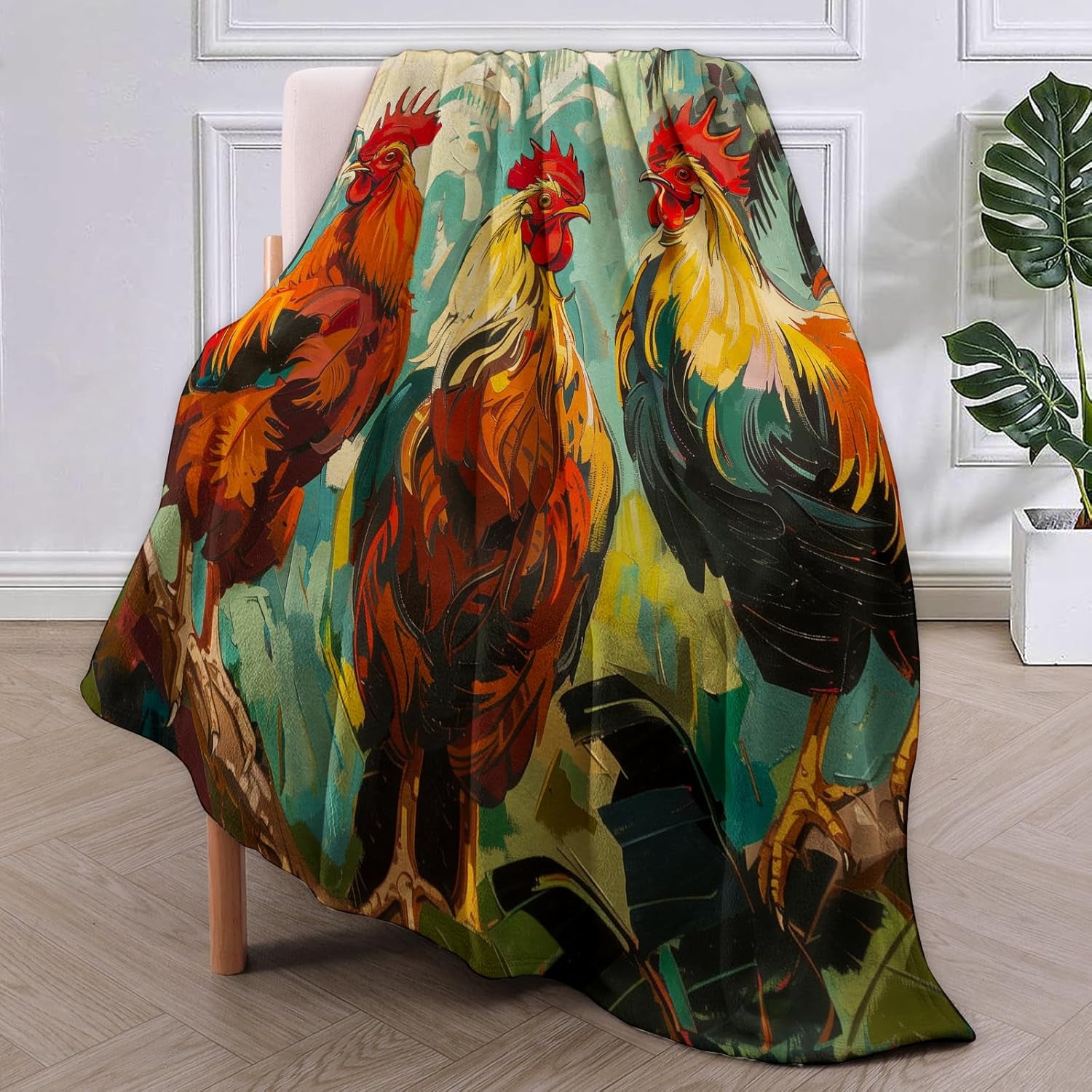 Rooster Throw Blanket Gifts, Soft Cozy Fleece Blanket with Colorful Farmhouse Chicken Print, Lightweight Warm Blanket for Couch Bed Sofa, Perfect for Country Decor and Bird Lovers, 50x60 in