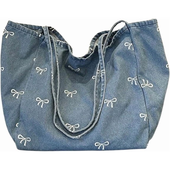 Women's Bow Graphic Denim Tote Bag Top Handle Cute Shoulder Handbags