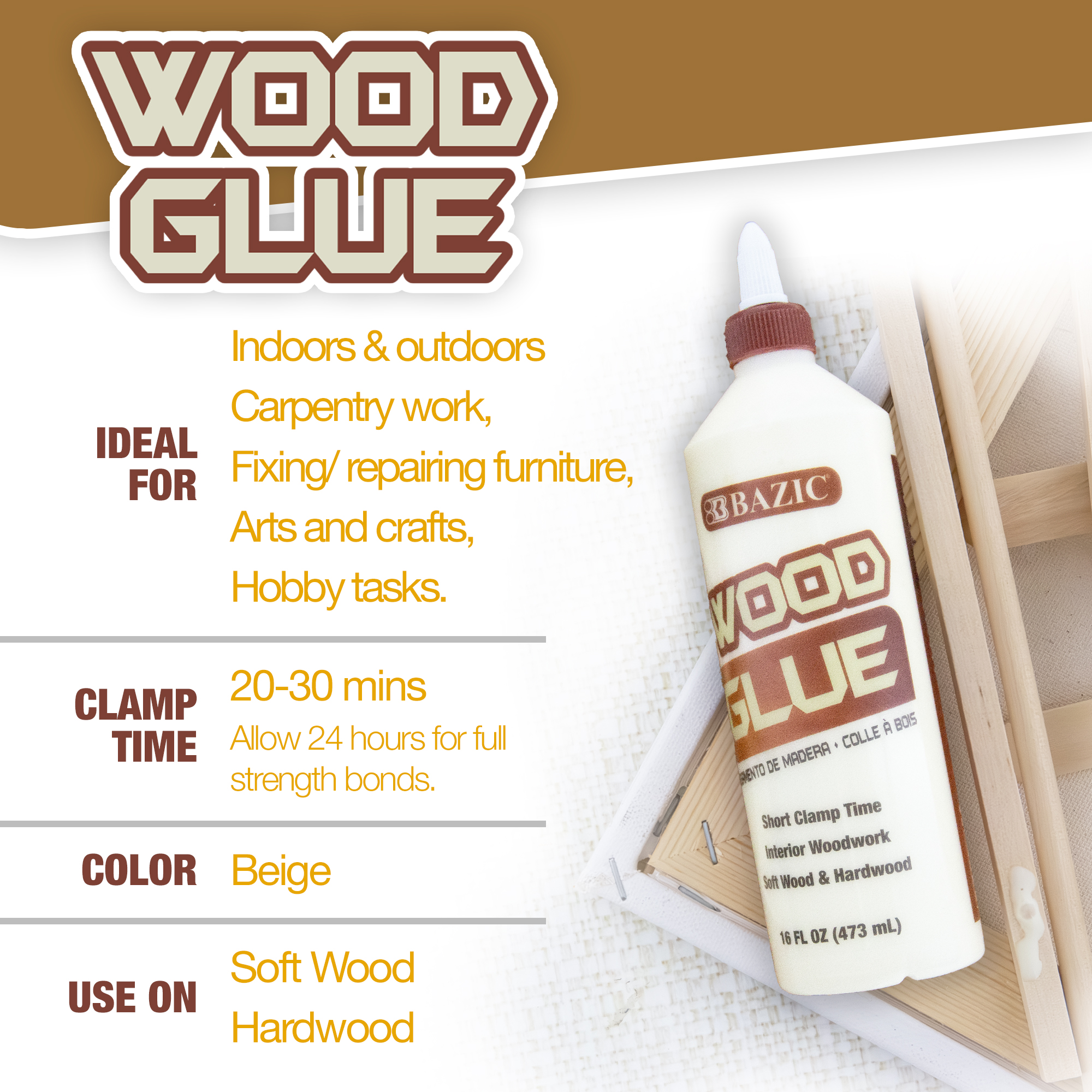 BAZIC Wood Glue 16 FL OZ (473 mL), Natural Color Super Strong Bond Adhesive, 2-Pack
