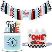 Race Car 1st Birthday Decorations for Her and Him, Fast One Cake Topper High Chair Banner and One Birthday Glittering Hat Crown for Happy First Bday Party Supplies