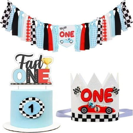 Race Car 1st Birthday Decorations for Her and Him, Fast One Cake Topper High Chair Banner and One Birthday Glittering Hat Crown for Happy First Bday Party Supplies