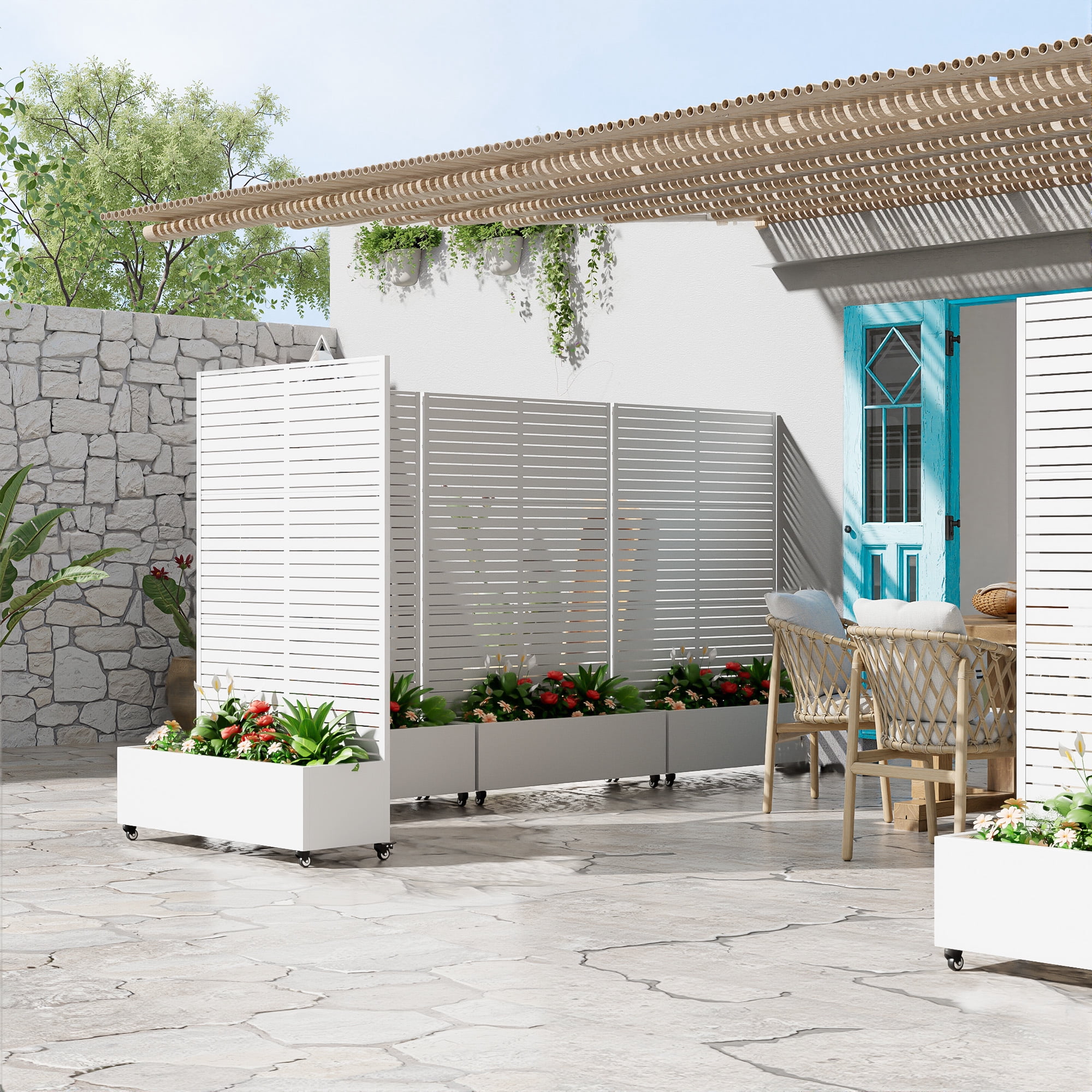 MAYEERTY 47*16*71"Outdoor White Metal Planter with Rect Louvered Climbing Trellis, Drainage hole & Wheels