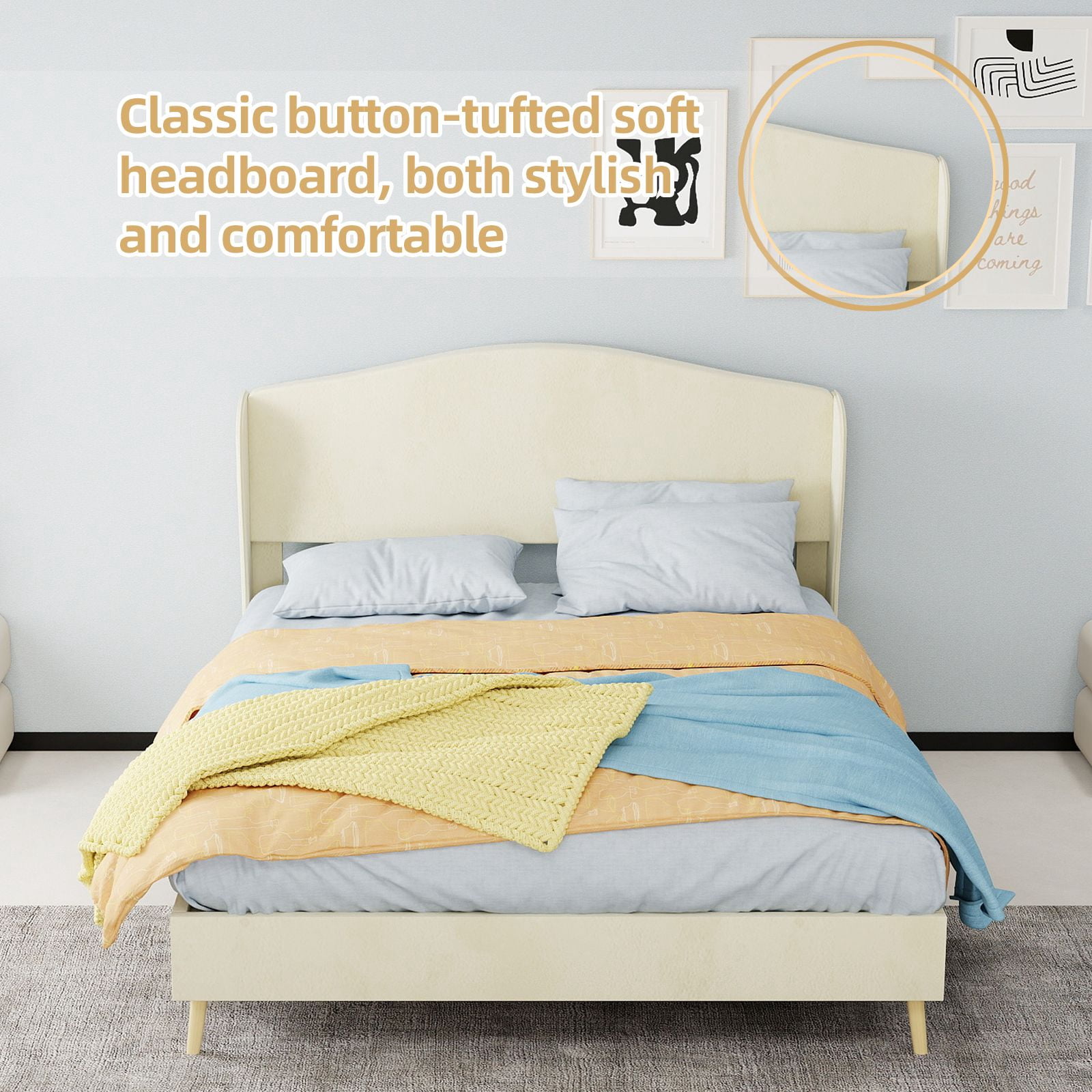 Alvantor Full Size Upholstered Bed Frame with Padded Headboard, Holland Velvet Tufted Noise-Free & Durable Beige
