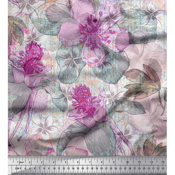 Soimoi Moss Georgette Fabric Leaves & Lily Flower Fabric Prints By Yard 42 Inch Wide