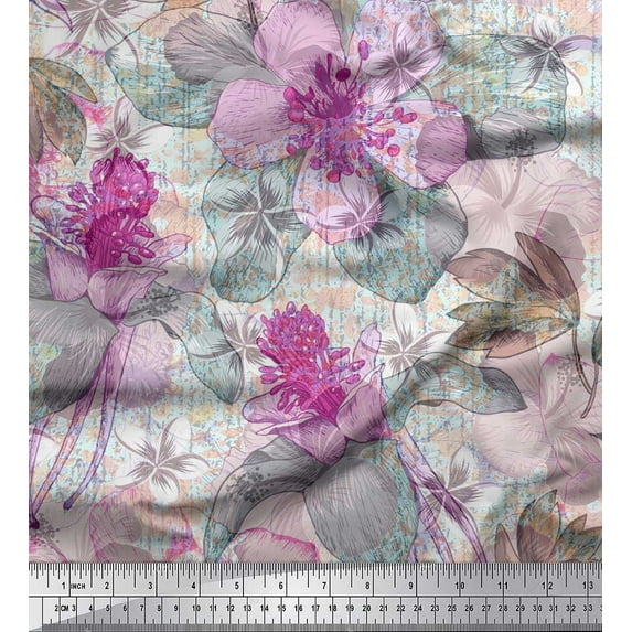 Soimoi Viscose Chiffon Fabric Leaves & Lily Flower Decor Fabric Printed Yard 42 Inch Wide