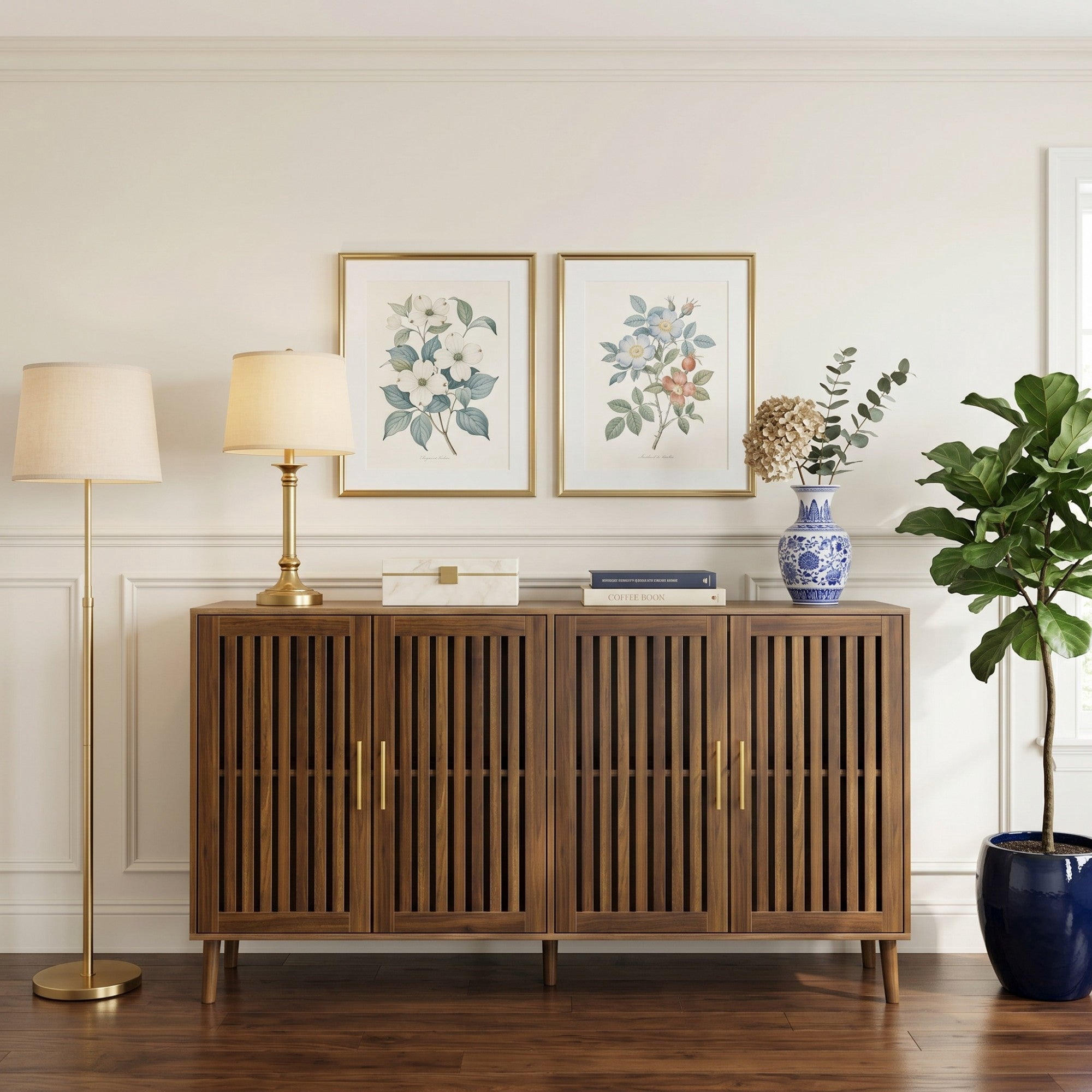 Sailvan 63" Walnut Sideboard Buffet Cabinet, Grille-Striped 4-Door Accent Cabinet