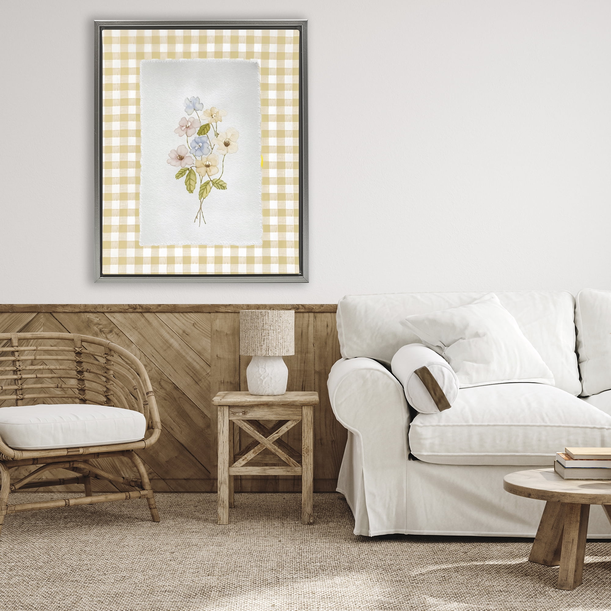 Stupell Industries Soft Gingham Flowers Gray Framed Floater Canvas Wall Art, design by Arlington Prints