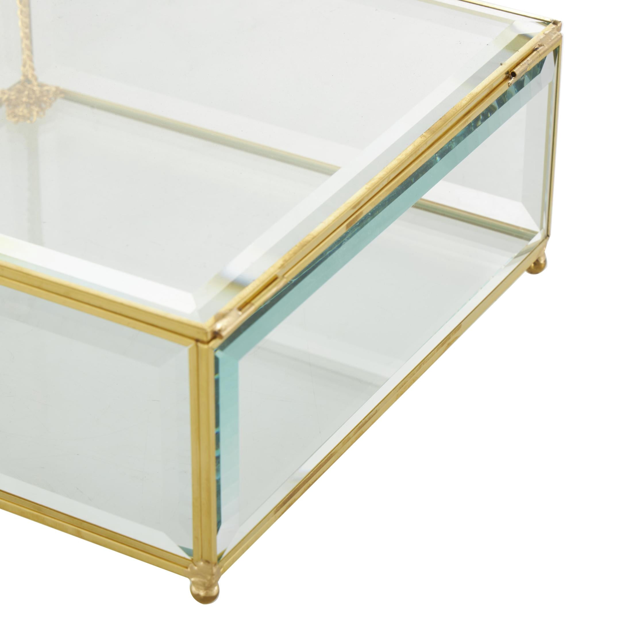 DecMode Beveled Clear Glass Decorative Jewelry Box with Gold Metal Frame and Chain Accent, Set of 2