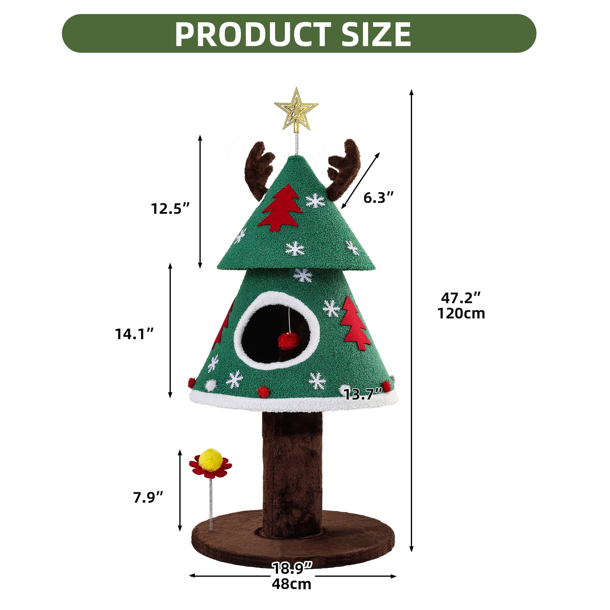 Uforic 47" Christmas Cat Tree Tower, Cat Condo with Teaser Ball, Green