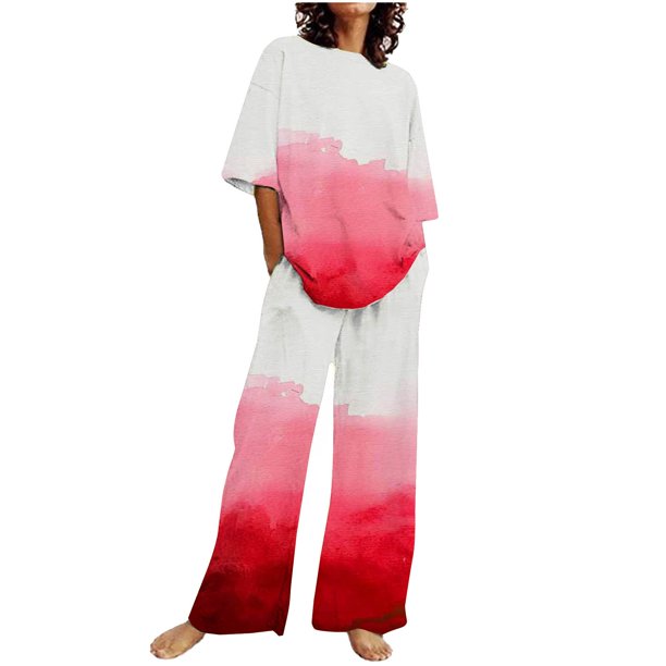 Conjunto Corto para las Mujeres Casual Suelto Encaje Casa Pantalones Impresos Y Blusa de Cuello Redondo de Dos Piezas