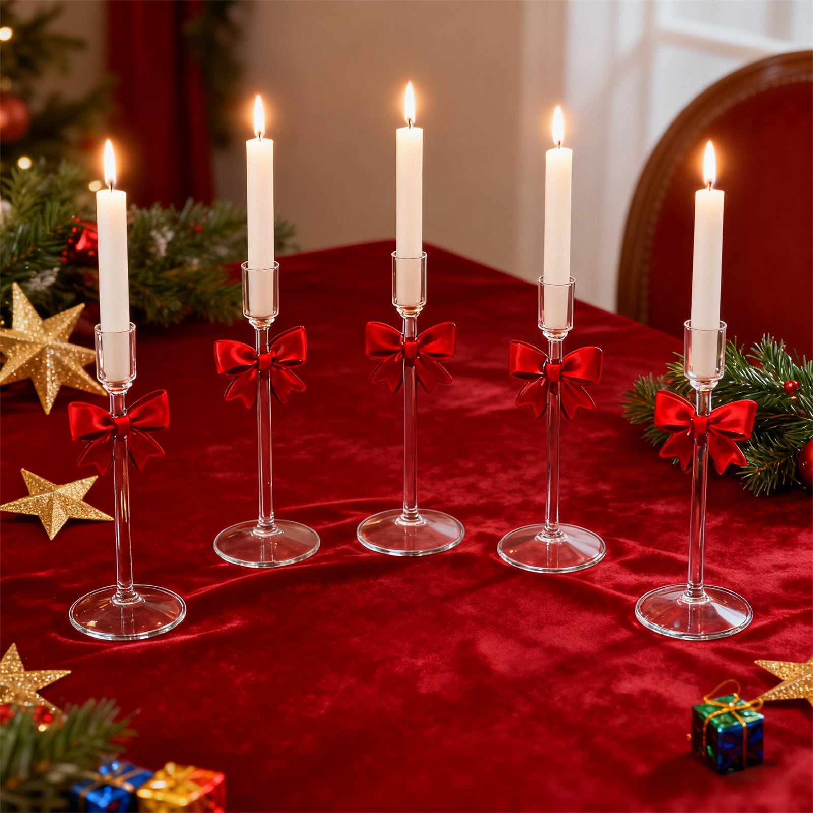 Beautynvta Christmas Candle Holder, 8'' Clear Glass Taper Candle Holder with Red Bow, Candlestick Holder for Christmas Party Wedding Table Centerpiece Decorations