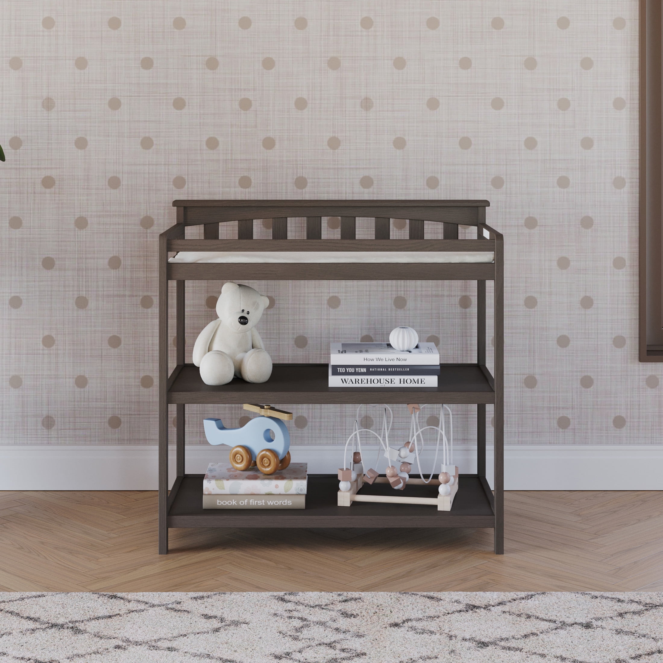 Child Craft Flat Top Changing Table with Pad & Strap, 2 Storage Shelves, Anti-Tip Kit, Dapper Gray