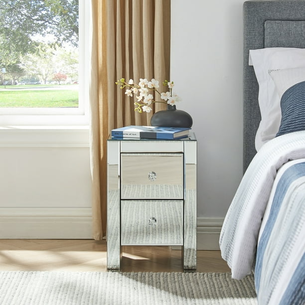 Mirrored Nightstand With 2 Drawers Silver Side End Table Furniture For Small Narrow Space Bedroom Living Room Storage Modern Decor Glasses Bedside Com Mirrored Nightstand With 2 Drawers, Small Mirrored Nightstand For Bedroom