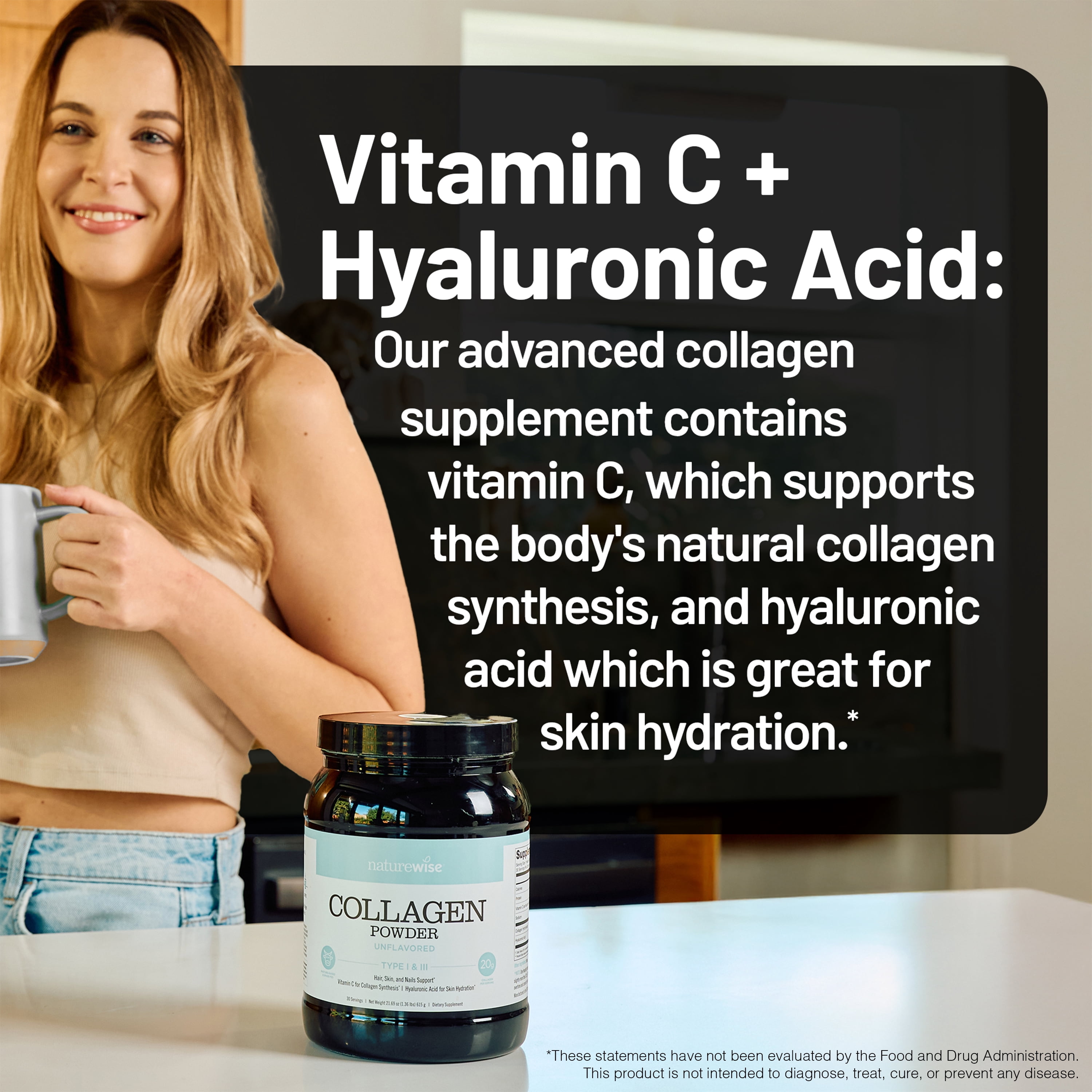 NatureWise Collagen Peptides Powder + Hyaluronic Acid & Vitamin C - Non-GMO - 60 Servings