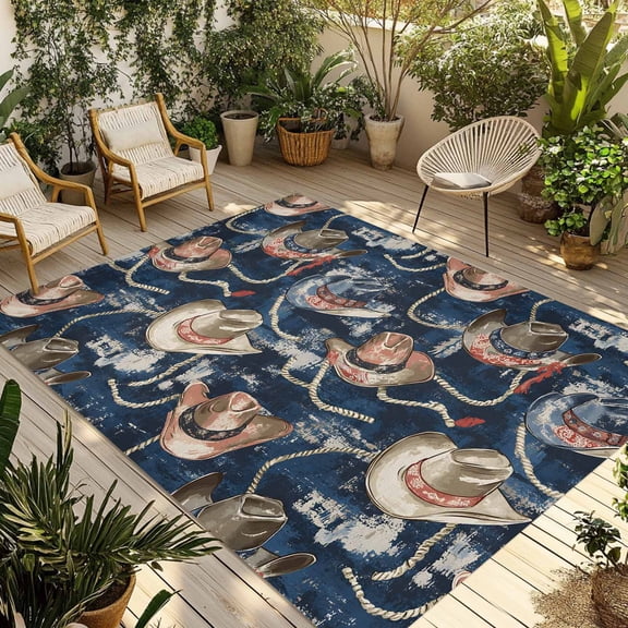 Fsddascl Blue Cowboy Outdoor Rug for Patio/Deck/Porch, Non-Slip Large Area Rug 5 x 8 Ft, Country Western Vintage Indoor Outdoor Rugs Washable Area Rugs, Reversible Camping Rug Carpet Runner