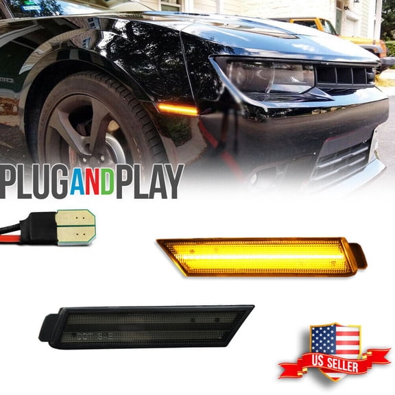 GTINTHEBOX Smoked Lens LED Front Side Marker Lamps w/Amber LED Light For 2010-2015 Chevy Camaro